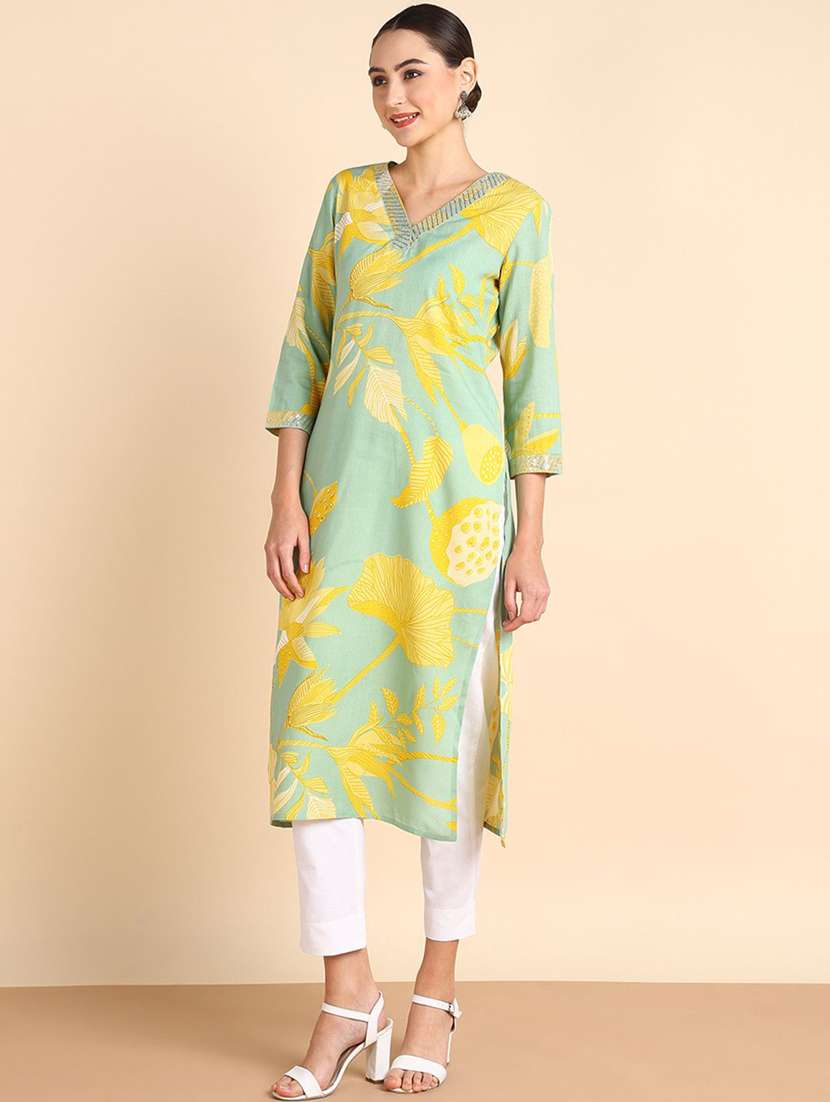 women floral printed three quarter sleeve straight kurta - 22406851 -  Standard Image - 2