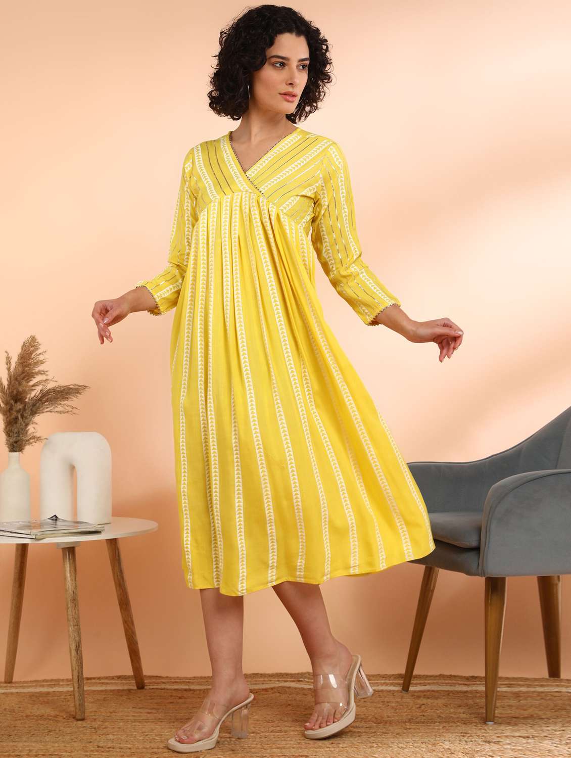 women printed three quarter sleeve ethnic dress - 22406879 -  Standard Image - 2