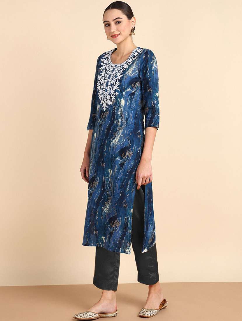 women printed three quarter sleeve straight kurta - 22406892 -  Standard Image - 2
