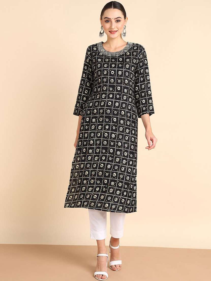 women printed three quarter sleeve straight kurta - 22406900 -  Standard Image - 2