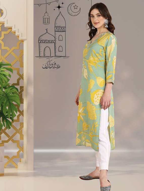 women floral printed three quarter sleeve straight kurta - 22406917 -  Standard Image - 2