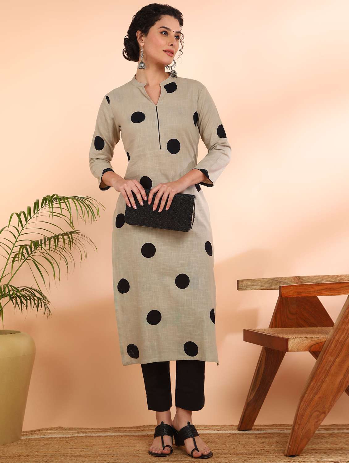 women polka dot three quarter sleeve straight kurta - 22406923 -  Standard Image - 2