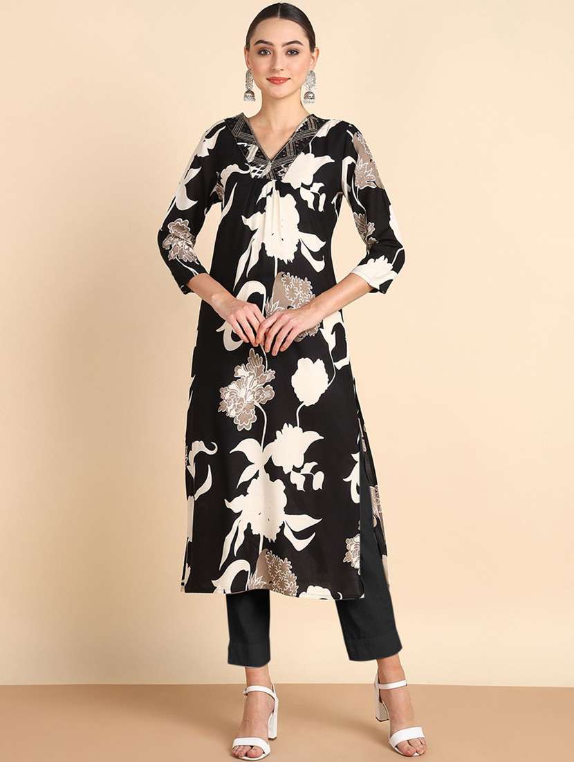 women floral three quarter sleeve a-line kurta  - 22406925 -  Standard Image - 2