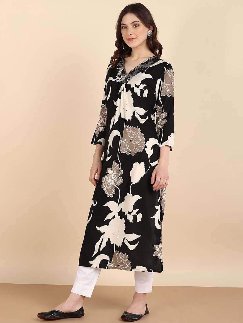 women floral three quarter sleeve a-line kurta 
