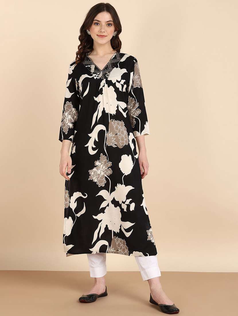 women floral three quarter sleeve a-line kurta  - 22406926 -  Standard Image - 2