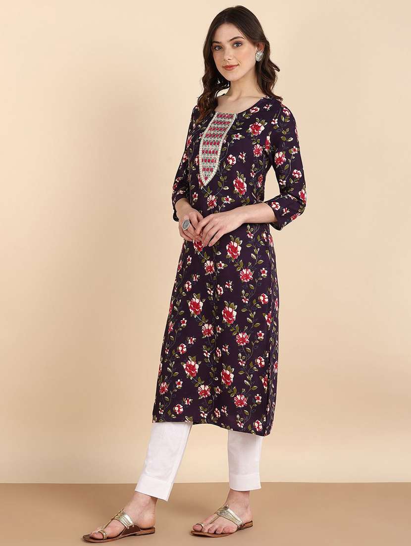 women floral three quarter sleeve straight kurta - 22406930 -  Standard Image - 2
