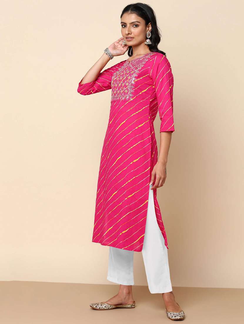 women leheriya three quarter sleeve straight kurta - 22406933 -  Standard Image - 2