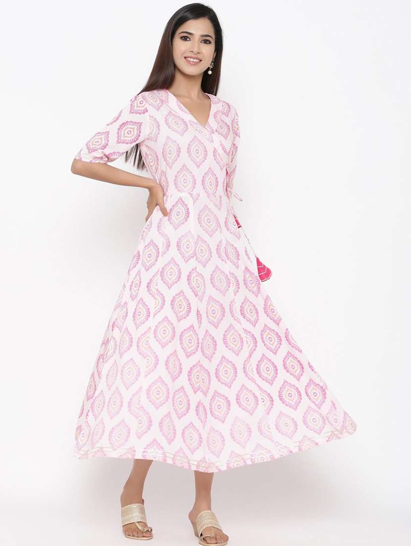 women printed short sleeve angrakha kurta - 22406941 -  Standard Image - 2