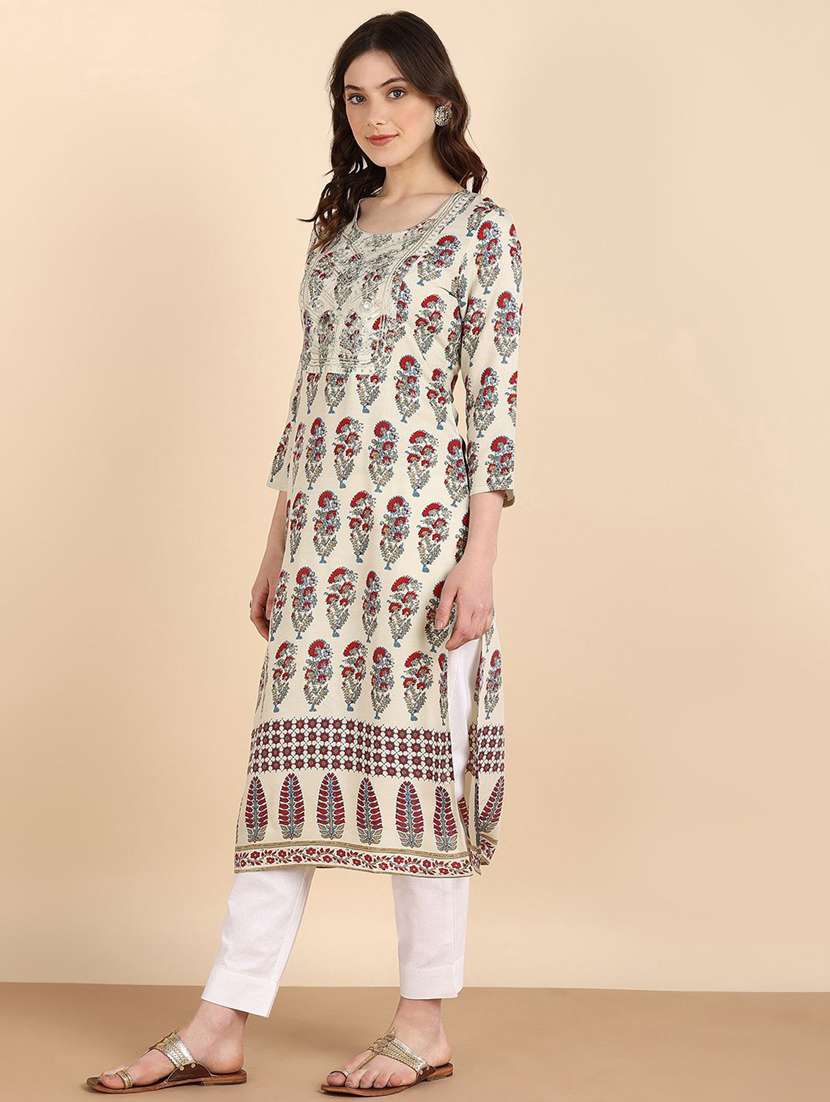 women floral printed three quarter sleeve straight kurta - 22406944 -  Standard Image - 2