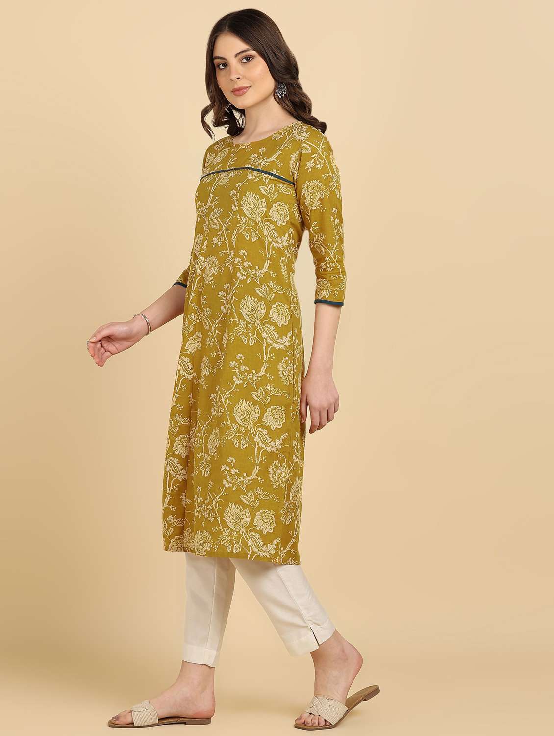 women floral printed three quarter sleeve a-line kurta - 22406949 -  Standard Image - 2