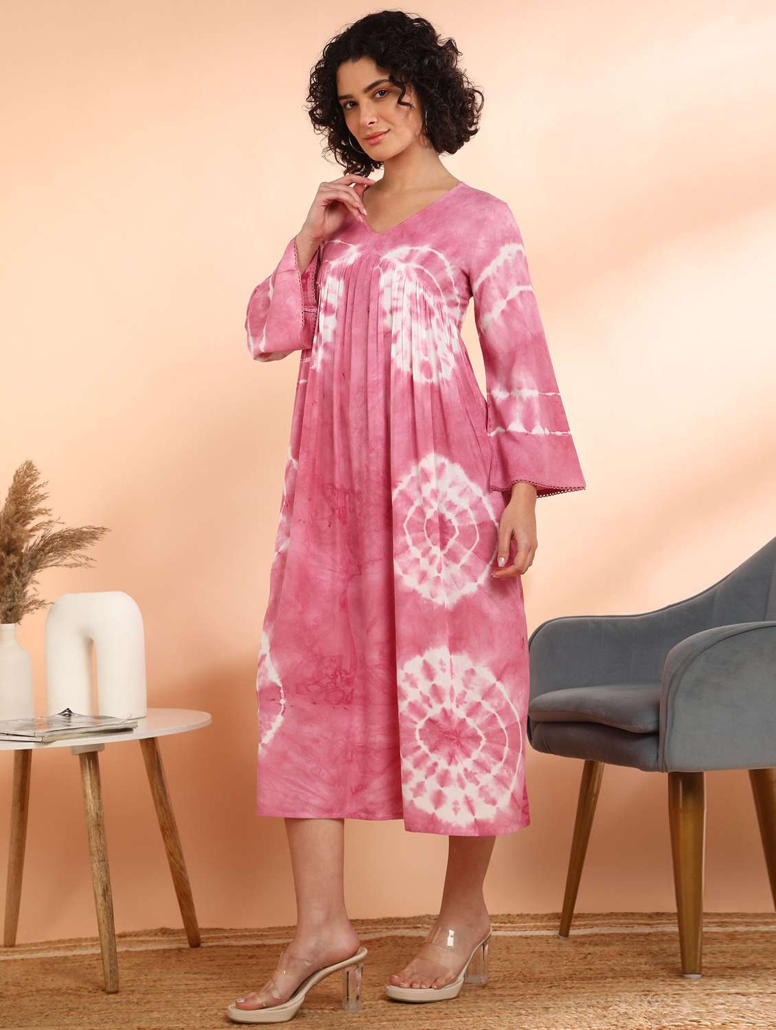 Women Tie & Dye Printed Long Sleeve Ethnic Dress - 22406960 -  Standard Image - 2