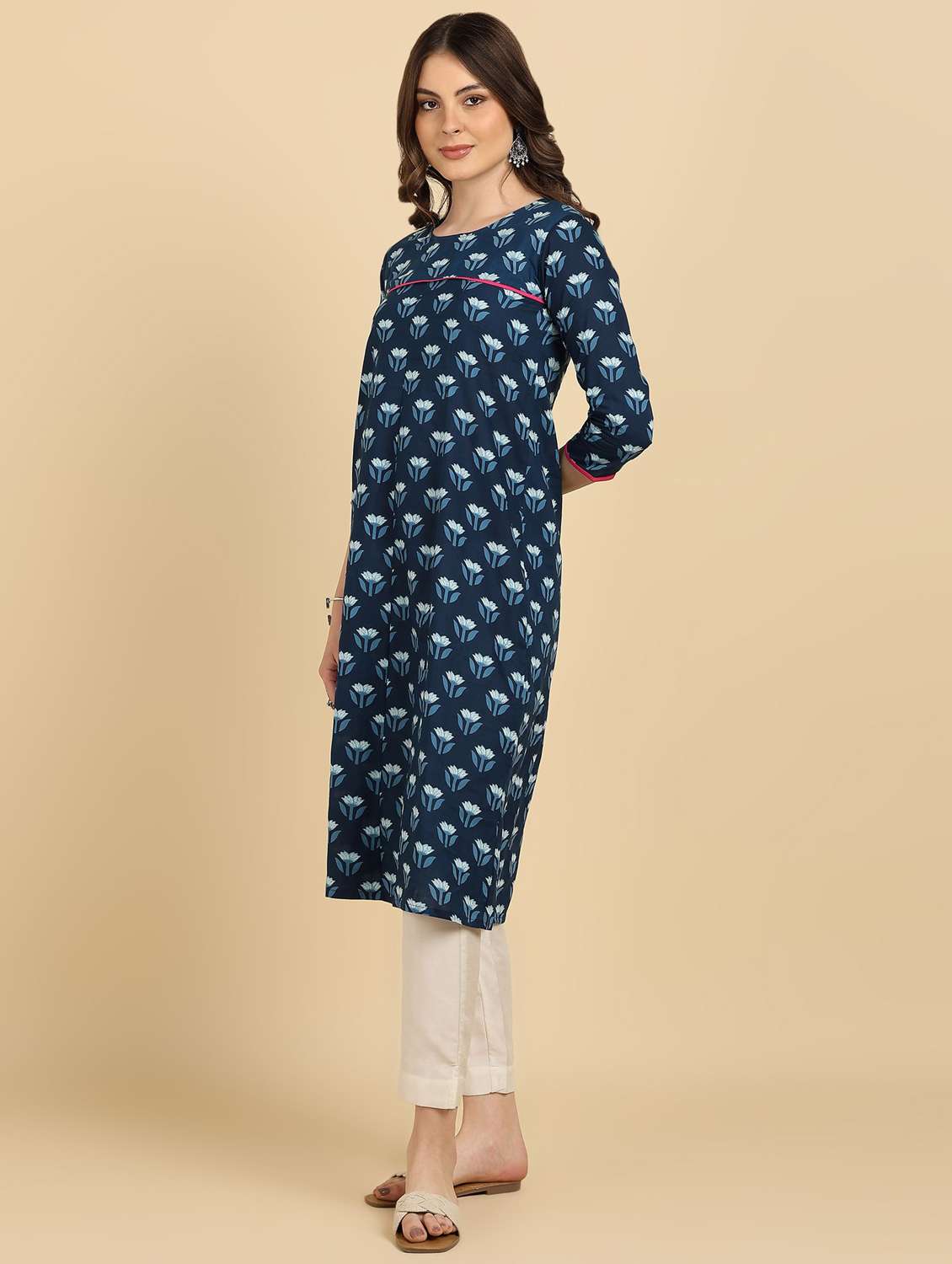 women floral printed three quarter sleeve a-line kurta - 22406961 -  Standard Image - 2