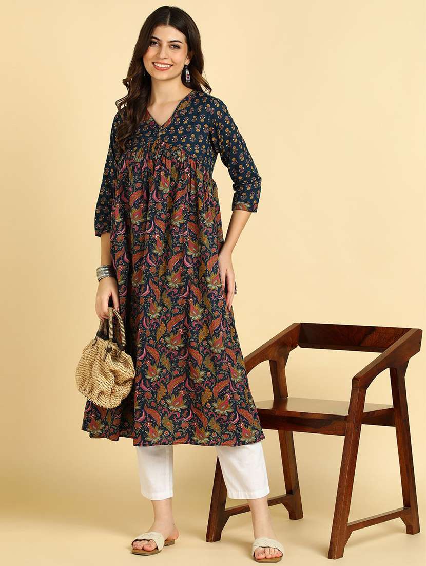 women printed three quarter sleeve a-line kurta