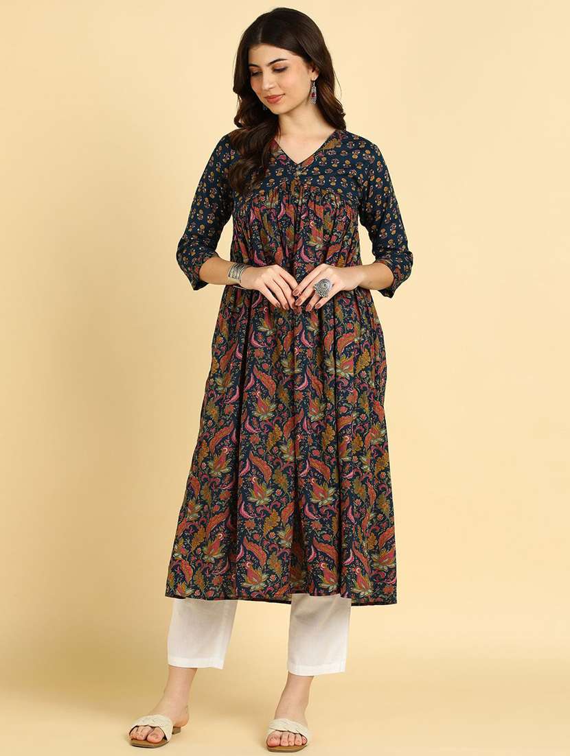 women printed three quarter sleeve a-line kurta - 22406963 -  Standard Image - 2