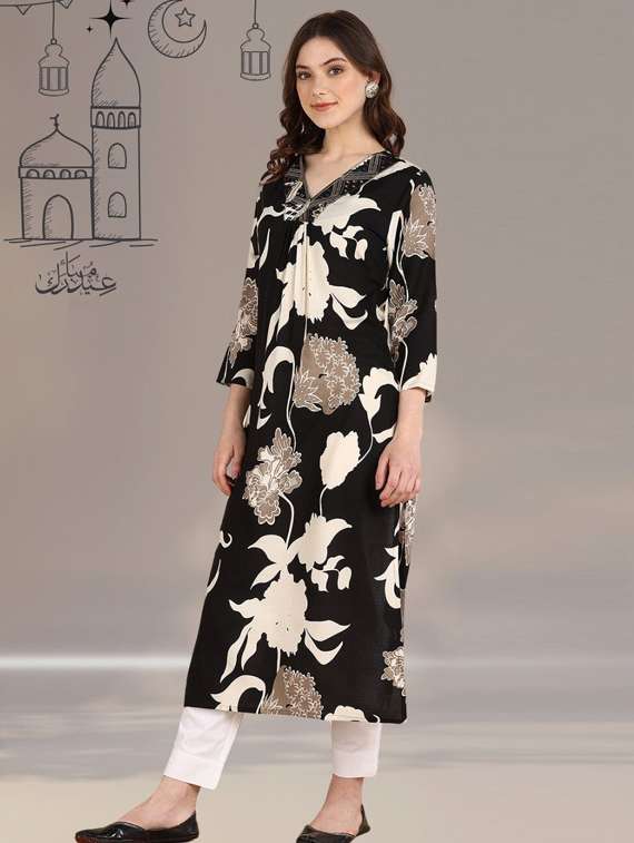 women floral printed three quarter sleeve a-line kurta - 22406980 -  Standard Image - 2