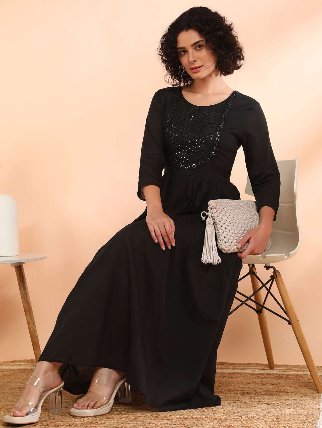 women solid with work three quarter sleeve tiered ethnic dress