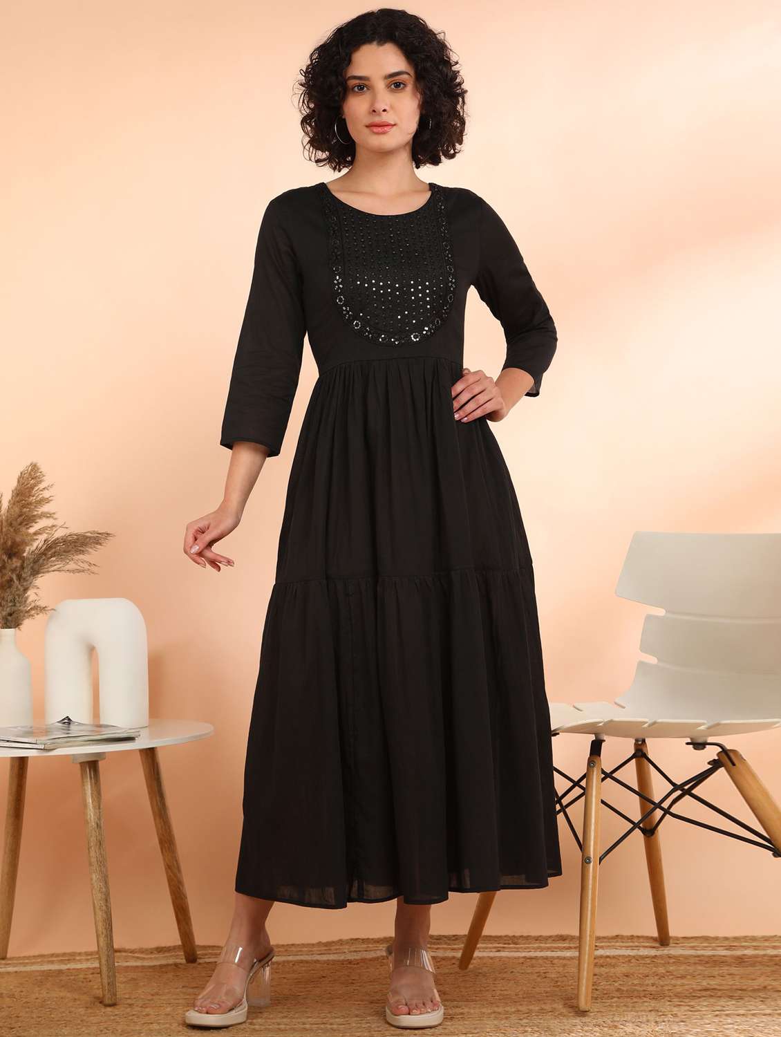 women solid with work three quarter sleeve tiered ethnic dress - 22406981 -  Standard Image - 2