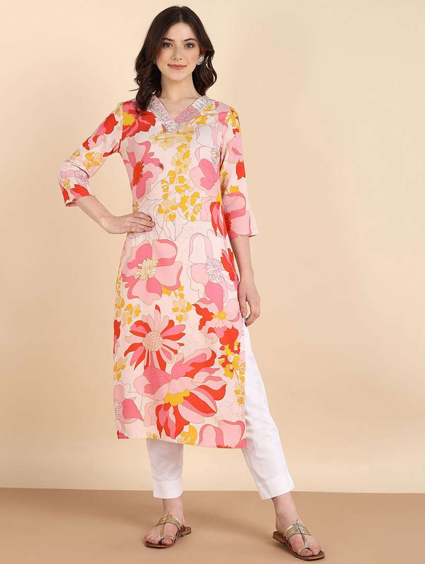 women floral printed three quarter sleeve straight kurta