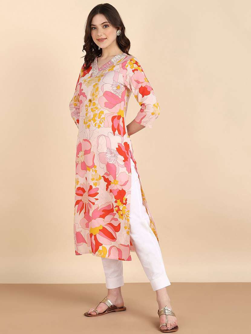 women floral printed three quarter sleeve straight kurta - 22406996 -  Standard Image - 2