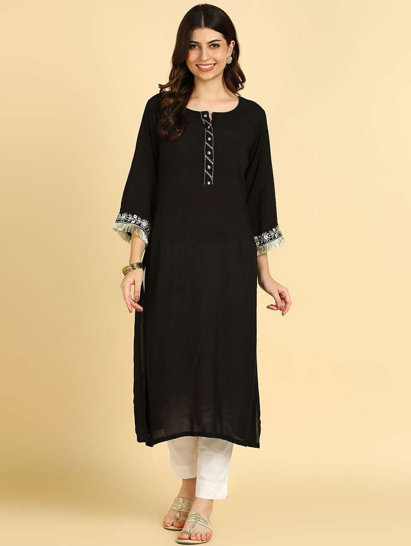 women solid three quarter sleeve straight kurta - 22406997 -  Standard Image - 2