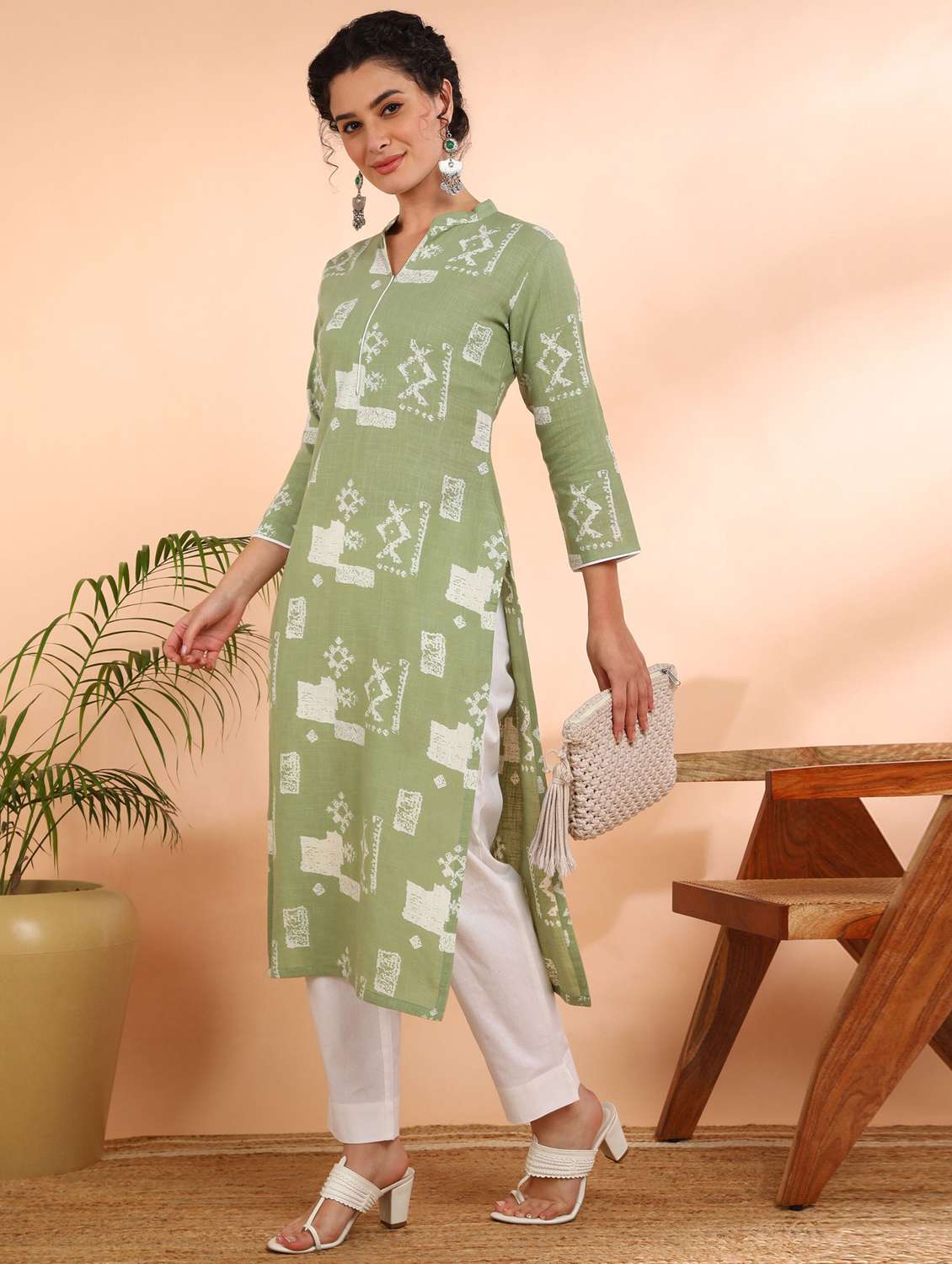 women printed three quarter sleeve straight kurta - 22407009 -  Standard Image - 2