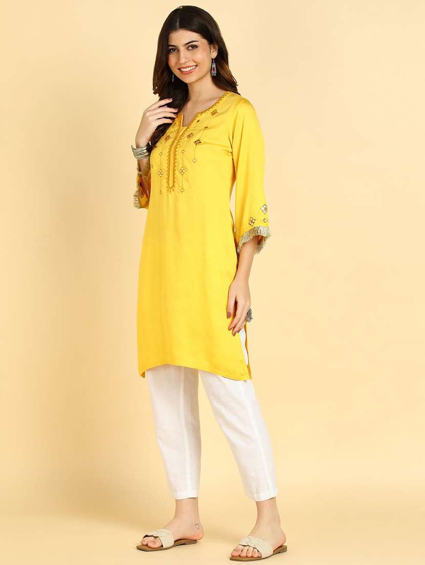 women solid with work three quarter sleeve straight kurta - 22407017 -  Standard Image - 2