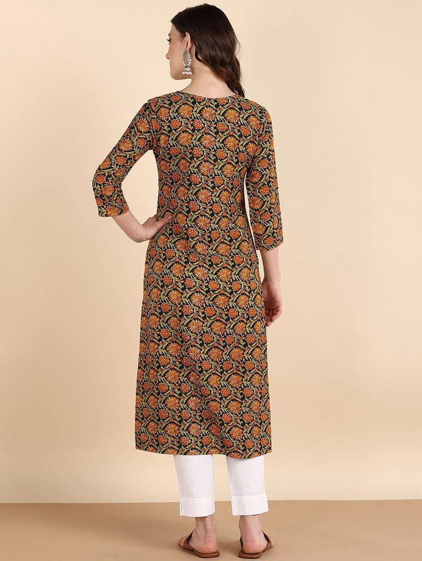 women floral printed three quarter sleeve straight kurta - 22407021 -  Standard Image - 2