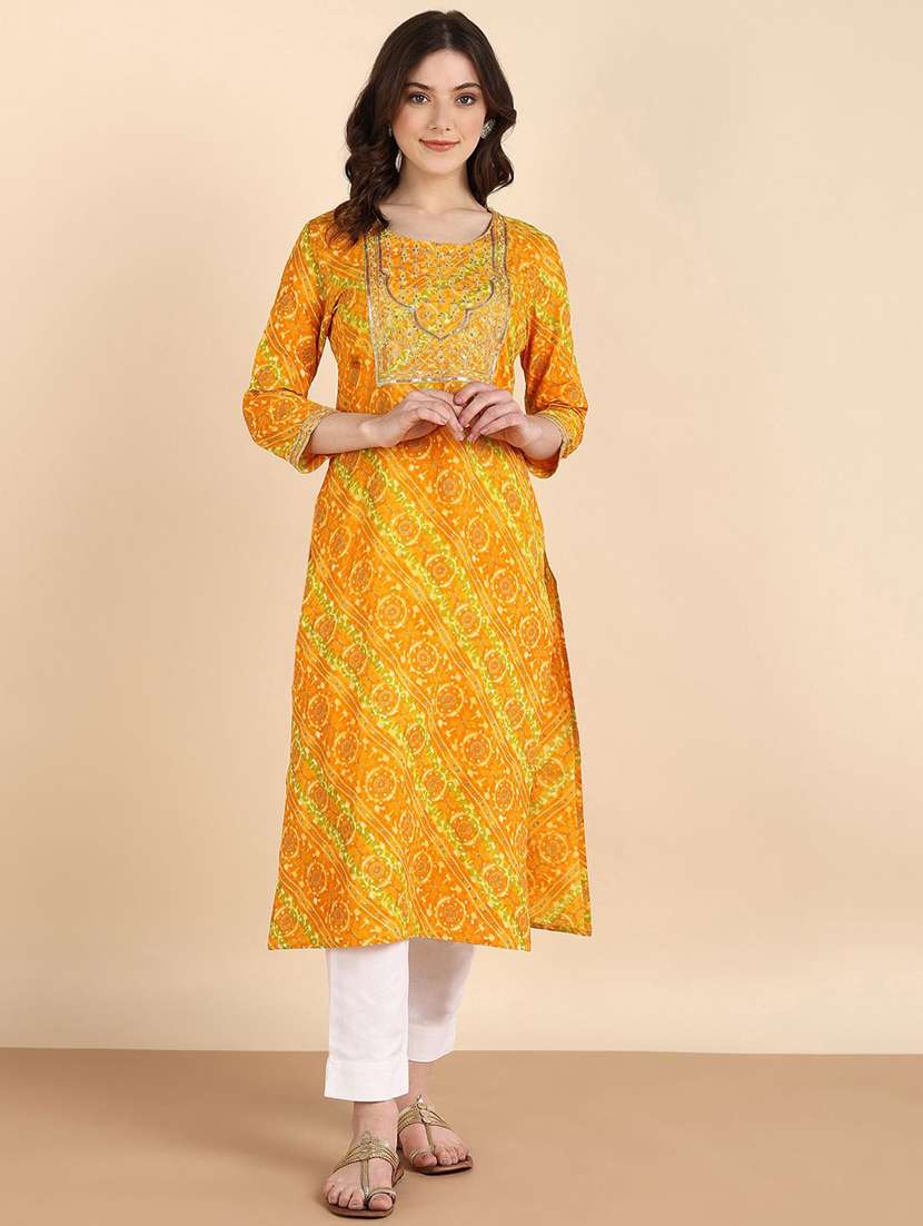 women printed three quarter sleeve straight kurta