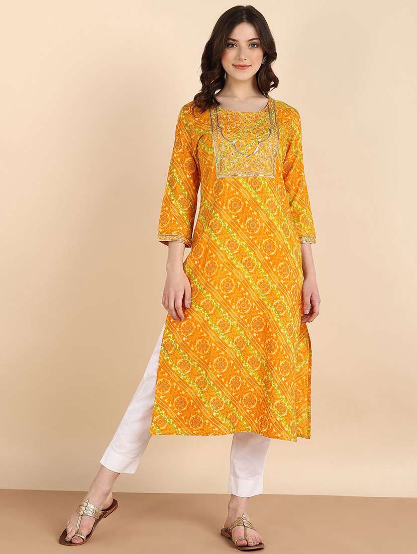 women printed three quarter sleeve straight kurta - 22407029 -  Standard Image - 2