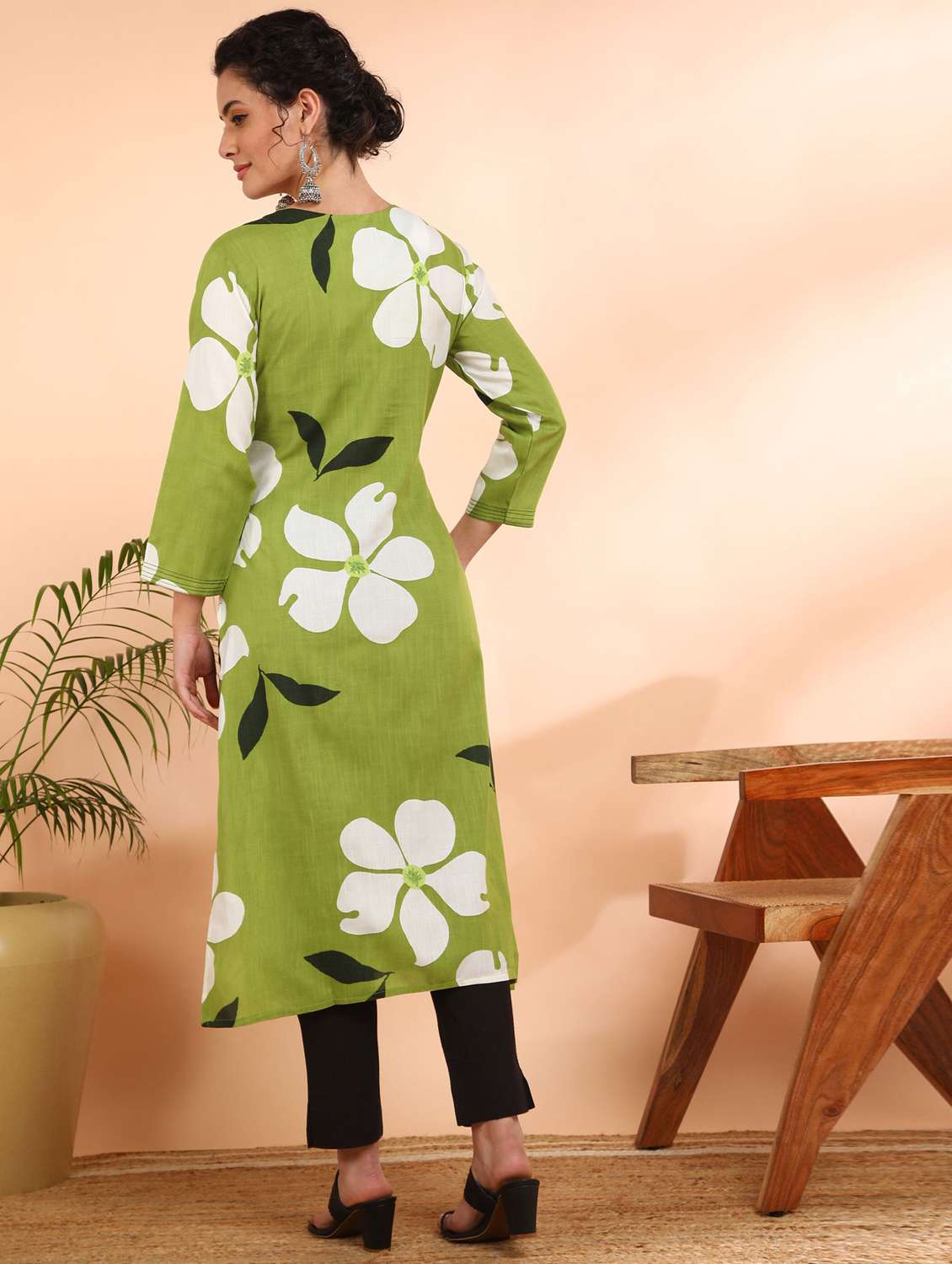 women floral printed three quarter sleeve a-line kurta - 22407032 -  Standard Image - 2