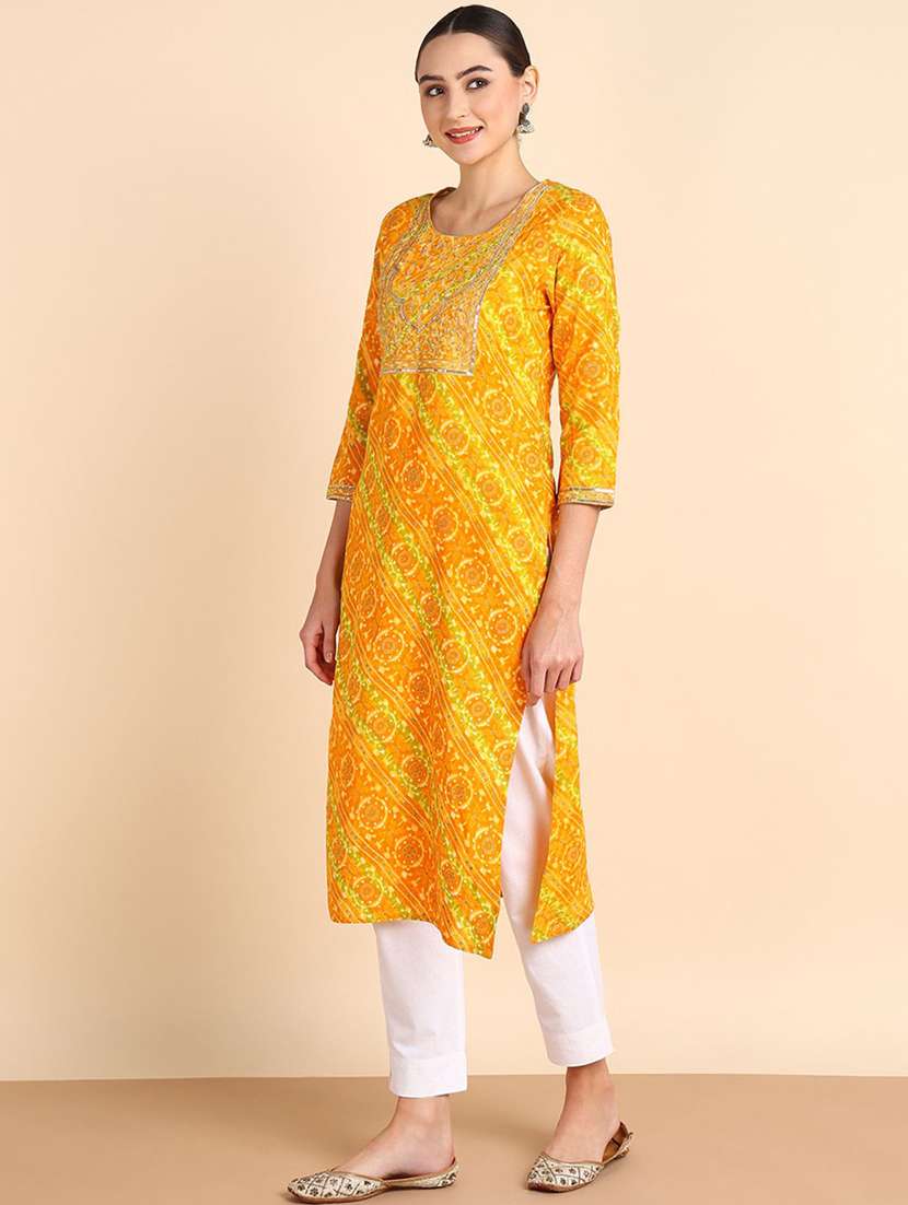 women printed three quarter sleeve straight kurta - 22407043 -  Standard Image - 2