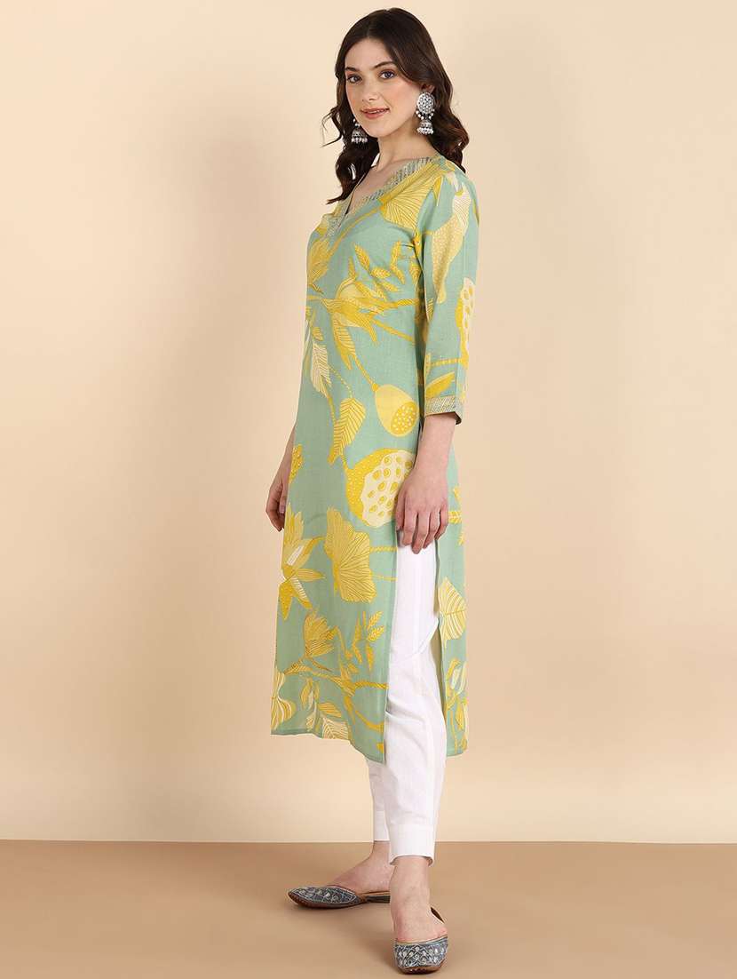women floral printed three quarter sleeve straight kurta - 22407047 -  Standard Image - 2