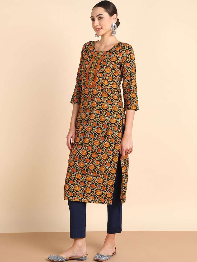 women floral printed three quarter sleeve straight kurta - 22407053 -  Standard Image - 2