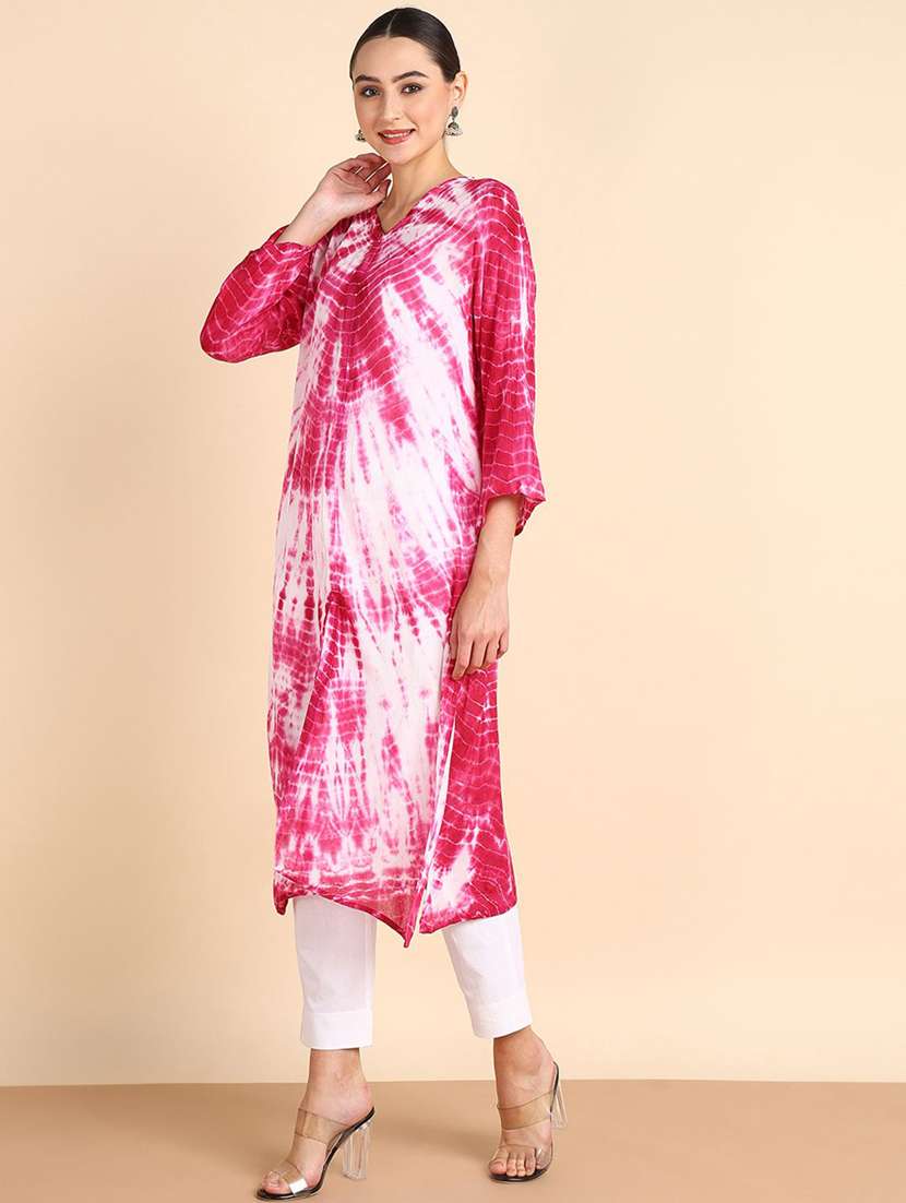 women tie & dye printed three quarter sleeve straight kurta - 22407058 -  Standard Image - 2