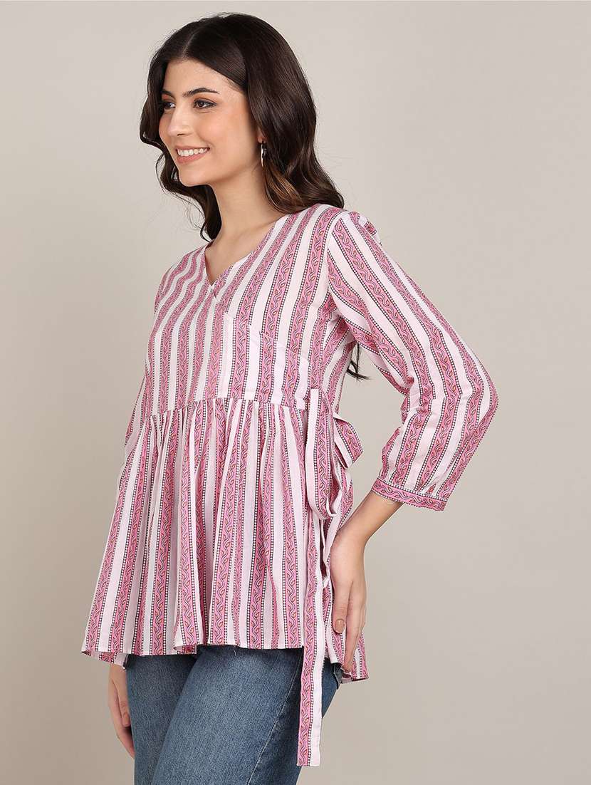 women striped puff sleeve flared top - 22407166 -  Standard Image - 2