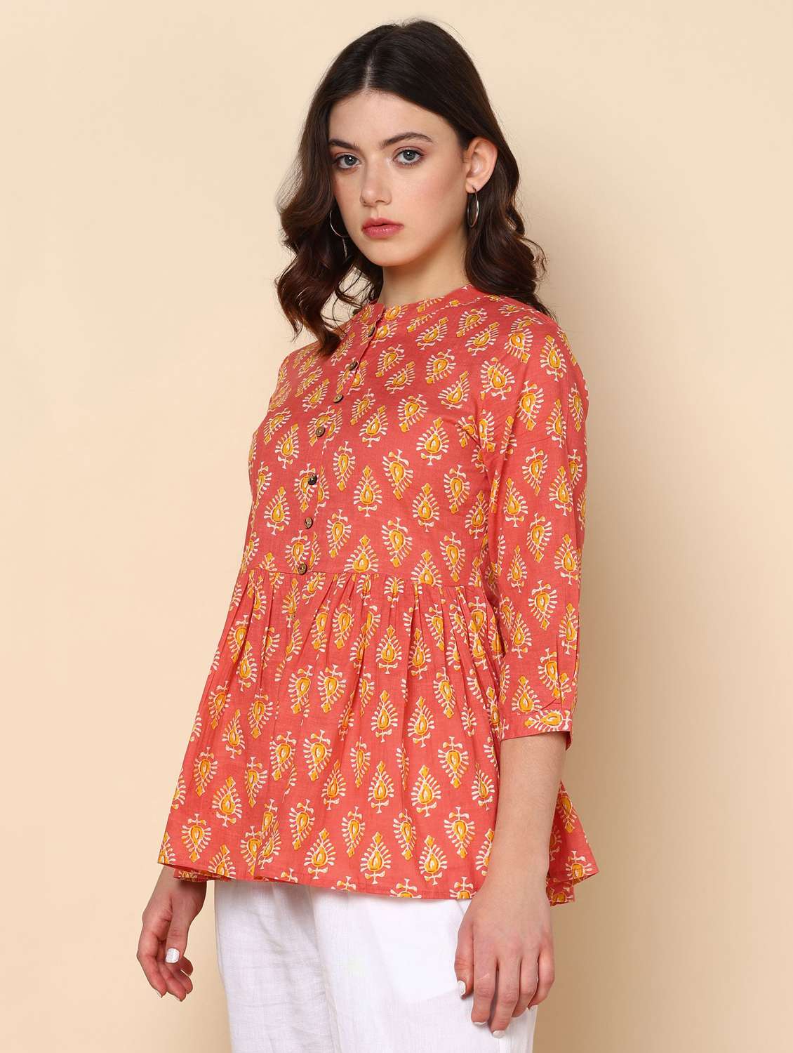 women printed three quarter sleeve flared kurti - 22407199 -  Standard Image - 2