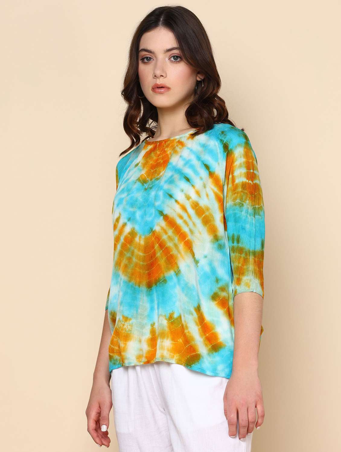 women tie and dyed three quarter sleeve regular top - 22407218 -  Standard Image - 2