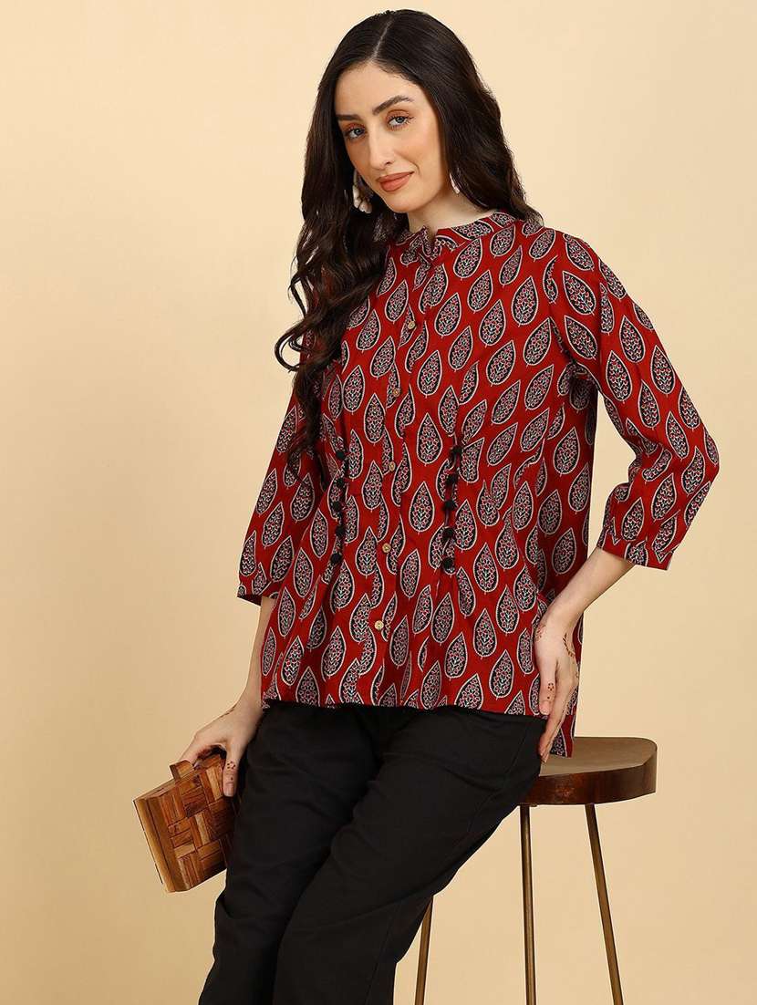 women printed maroon cotton regular shirt