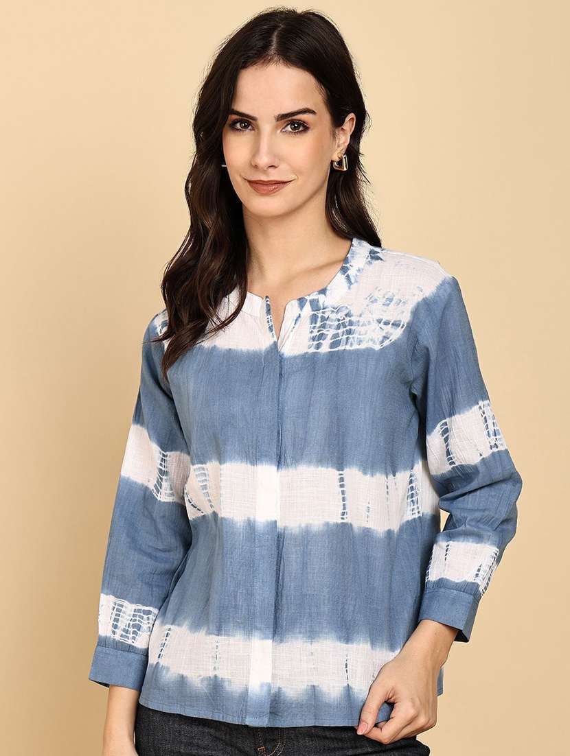 women self design  blue cotton regular shirt - 22407476 -  Standard Image - 2