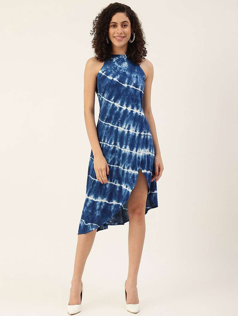 women blue viscose fit & flare dress - 22407569 -  Standard Image - 2