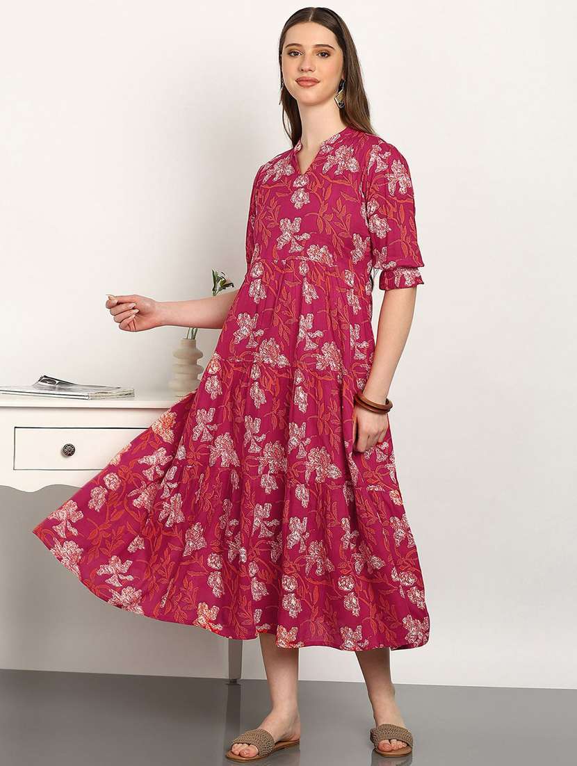 women floral print pink cotton tiered midi dress - 22407610 -  Standard Image - 2
