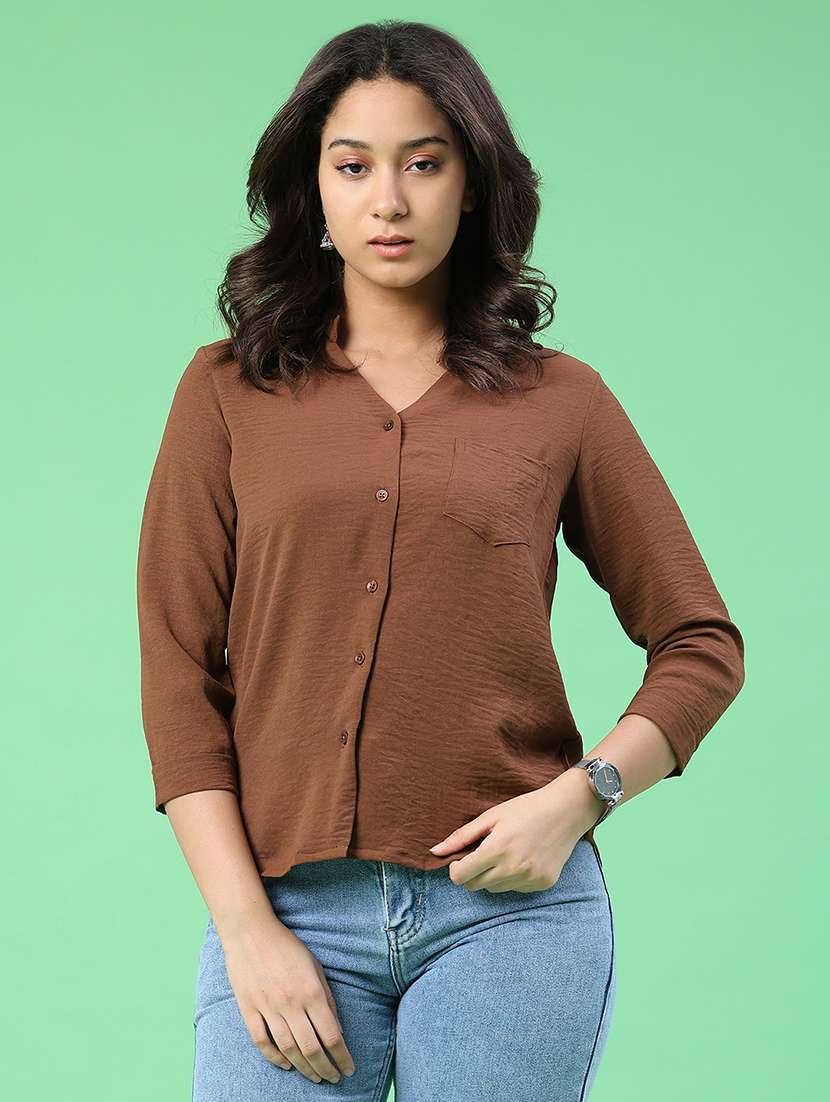 women solid three quarter sleeves collared shirt - 22407872 -  Standard Image - 2