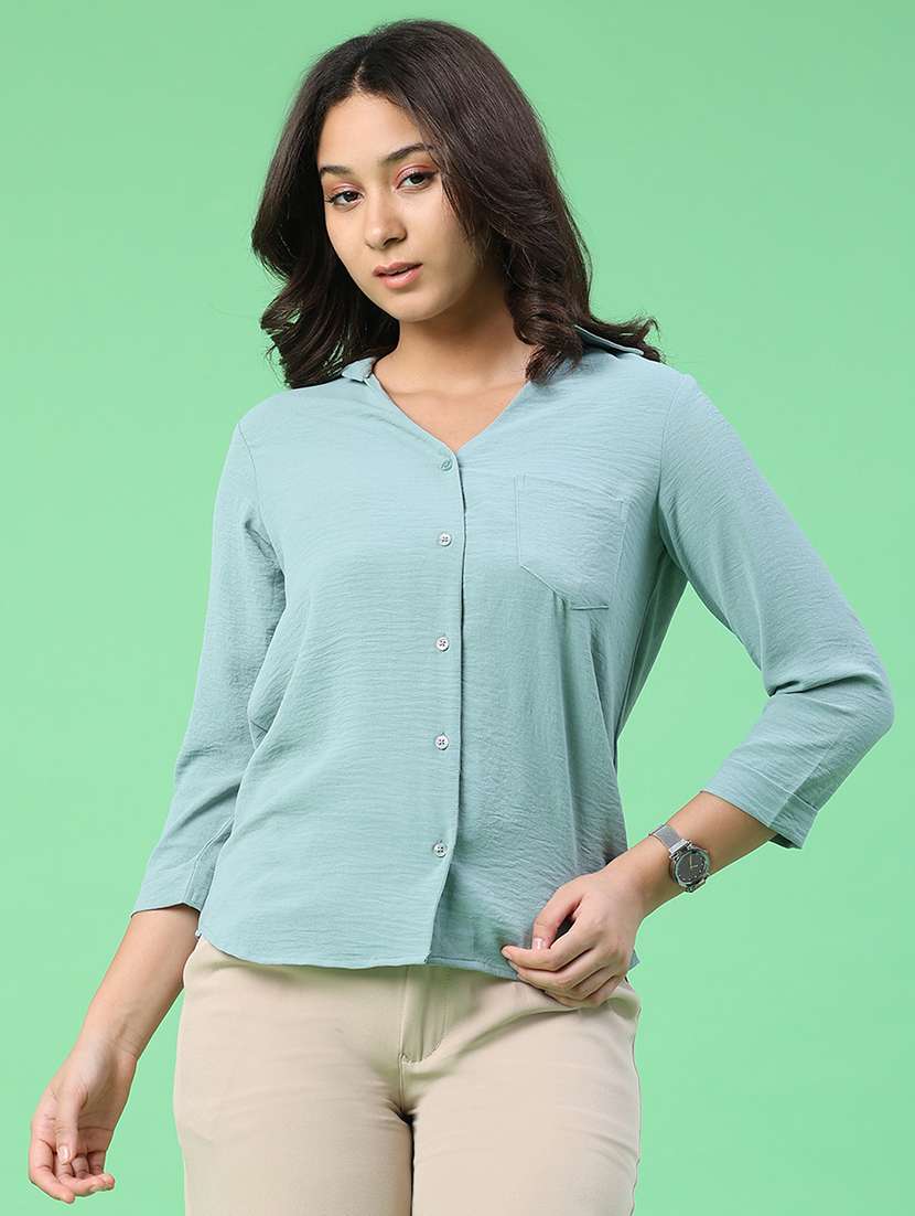 women solid three quarter sleeves collared shirt - 22407873 -  Standard Image - 2