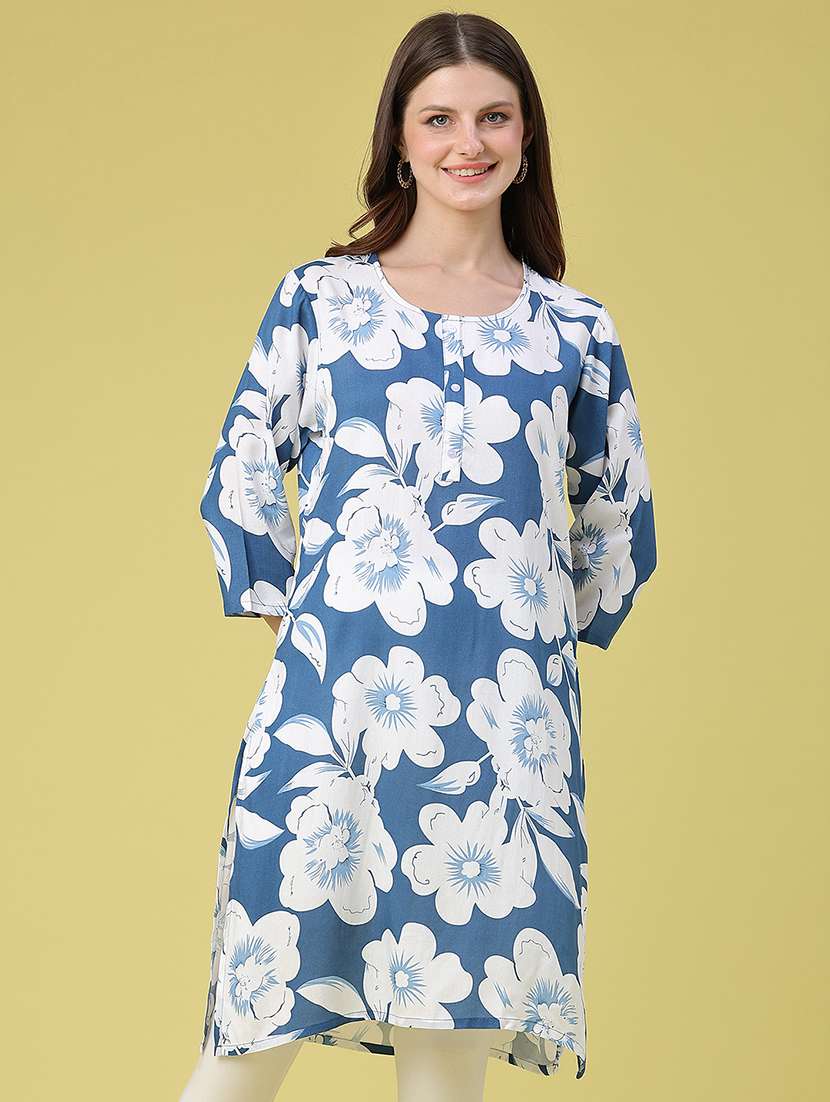 women floral three quarter sleeve straight kurta - 22407971 -  Standard Image - 2