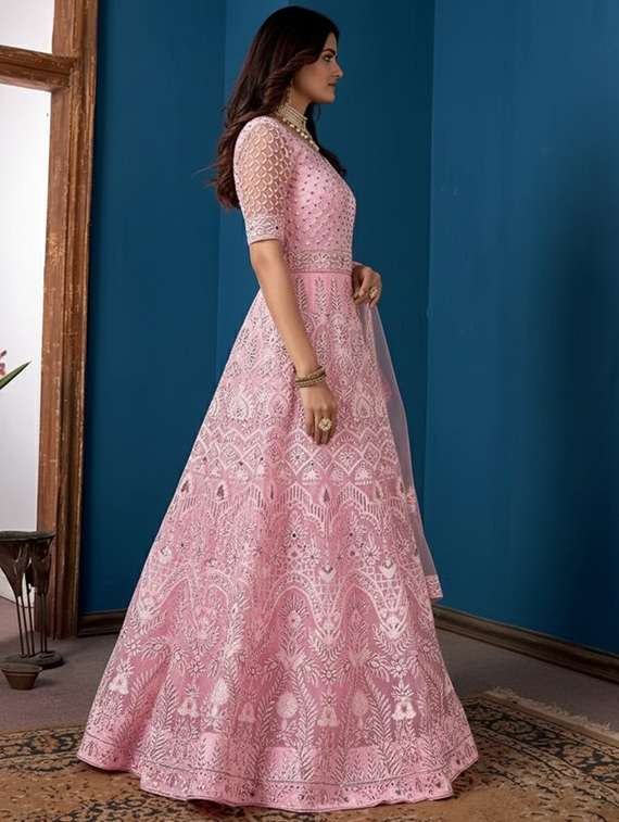 women solid with work semi-stitched gown with dupatta - 22408011 -  Standard Image - 2