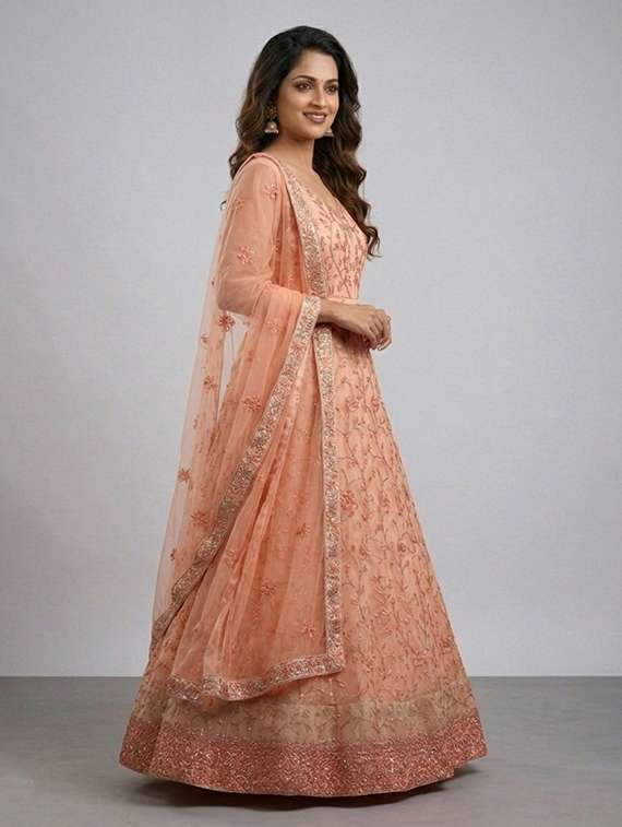 women solid with work semi-stitched gown with dupatta - 22408017 -  Standard Image - 2