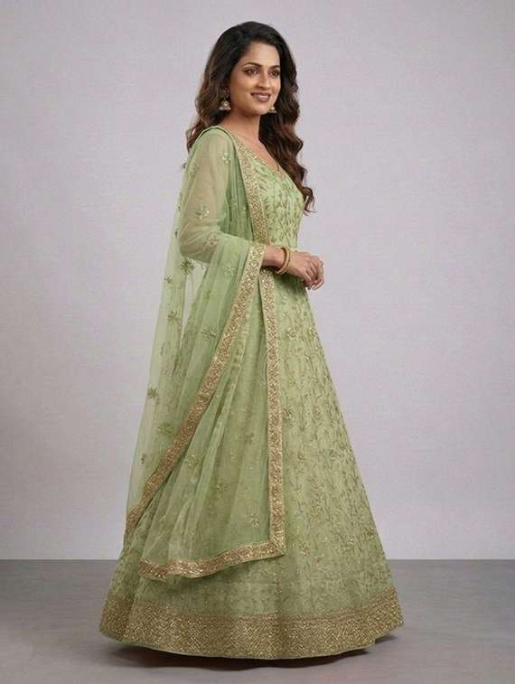 women solid with work semi-stitched gown with dupatta - 22408018 -  Standard Image - 2