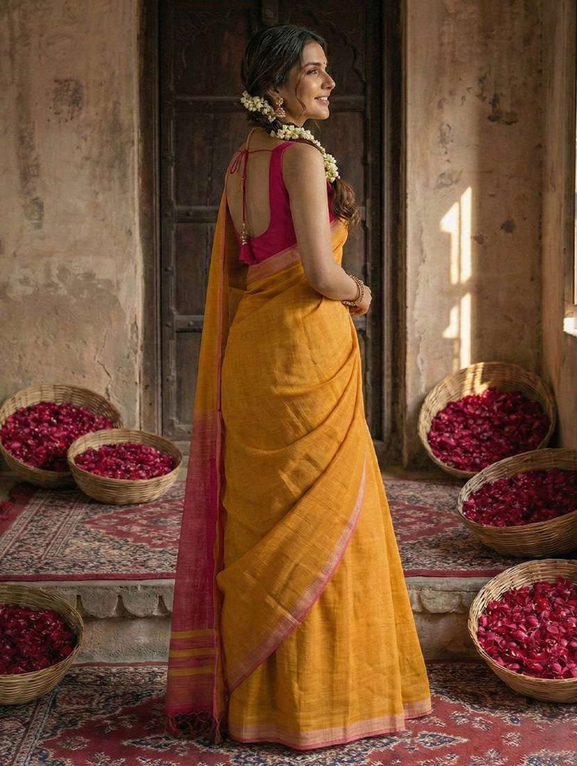 women solid handloom saree with blouse - 22408064 -  Standard Image - 2