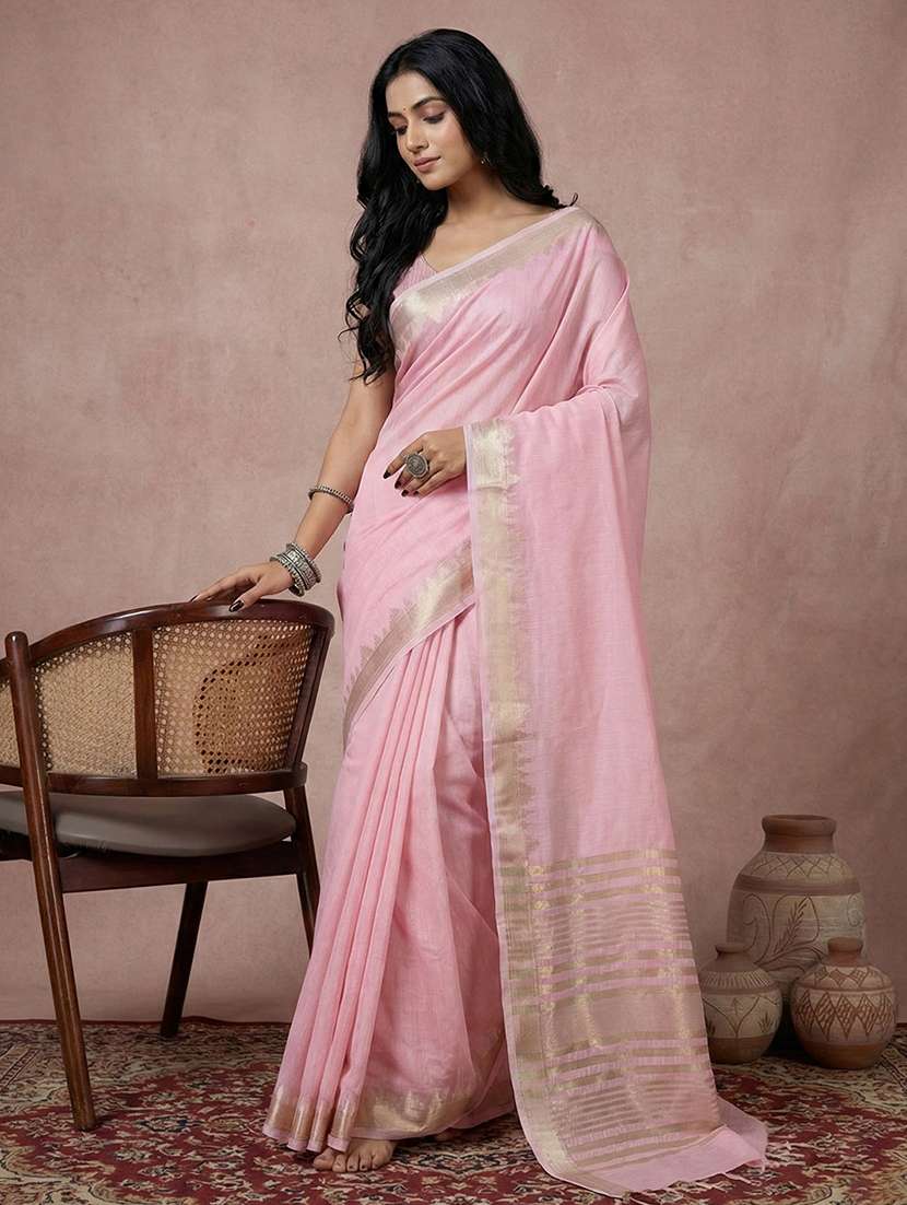 women solid with bordered saree with blouse
