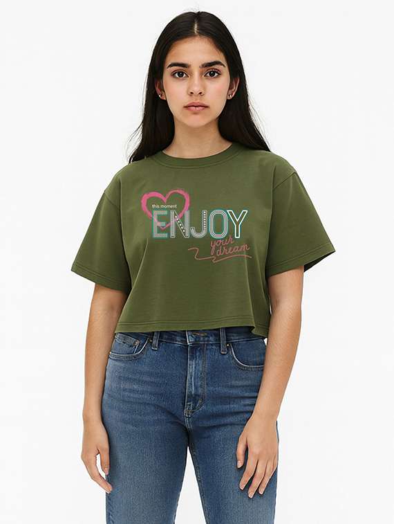 women printed short sleeve crop t-shirt